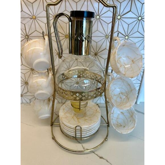 Vintage Hazel Atlas Milk‎ Glass Coffee Set with Gold Veining | Brass Stand - Picture 1 of 10